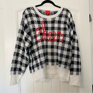 Plaid Black and White Sweater with Red Cheer Embroidery